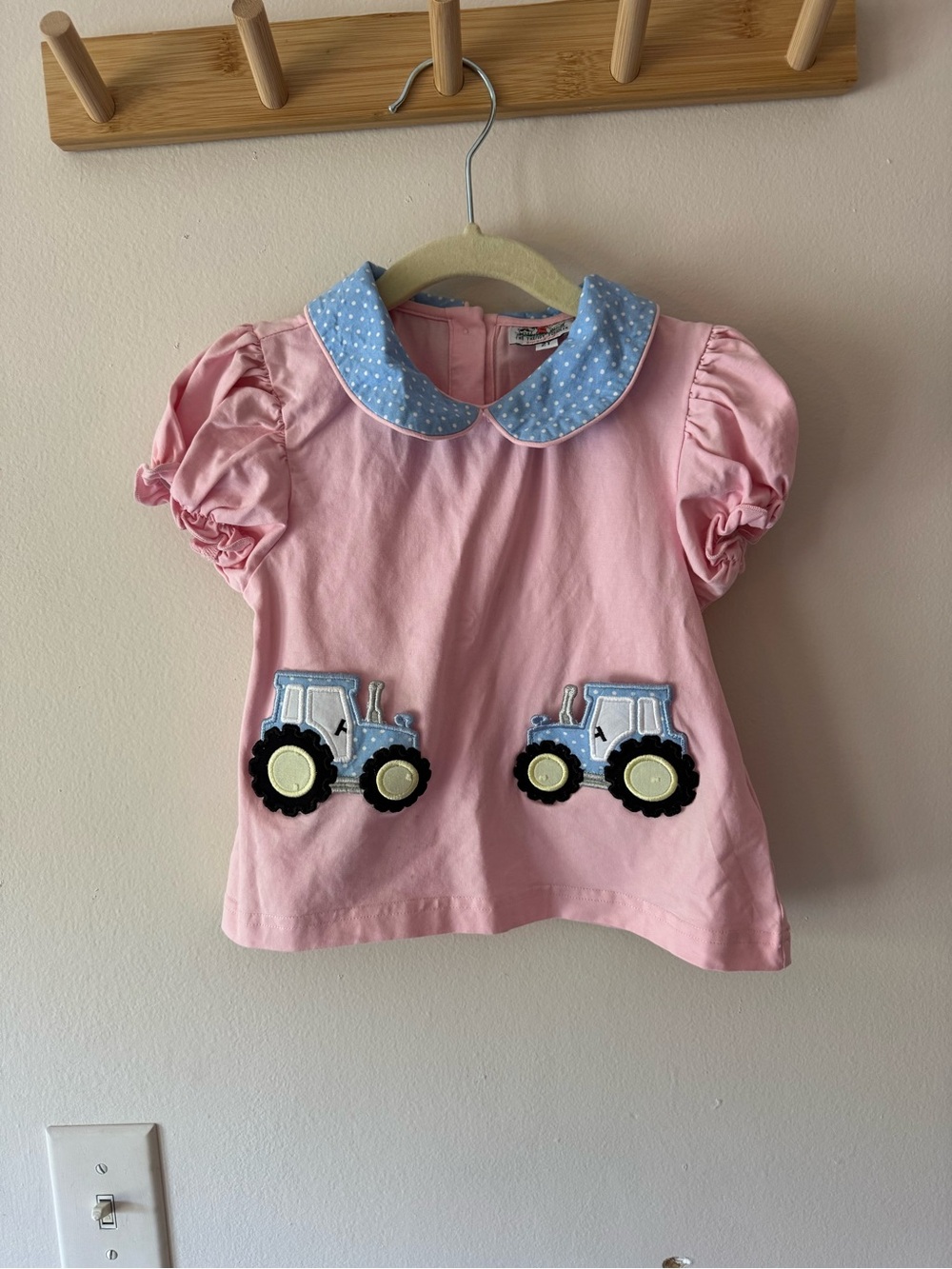 Pink Girls' Tractor Appliqué Top with Blue Collar